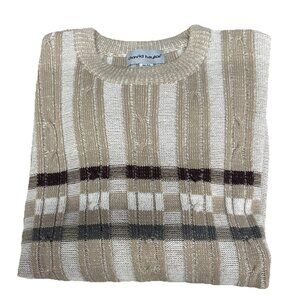 David Taylor Vtg Men's Sweater M/M Beige Plaid Knit Crew Neck Long Sleeve